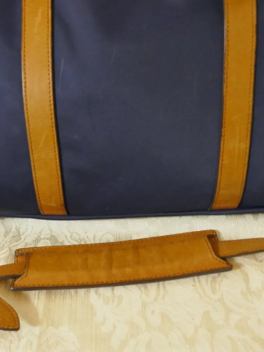 STUART O LAU The Cary Blue Nylon Briefcase Tan Leather Trim Laptop Bag